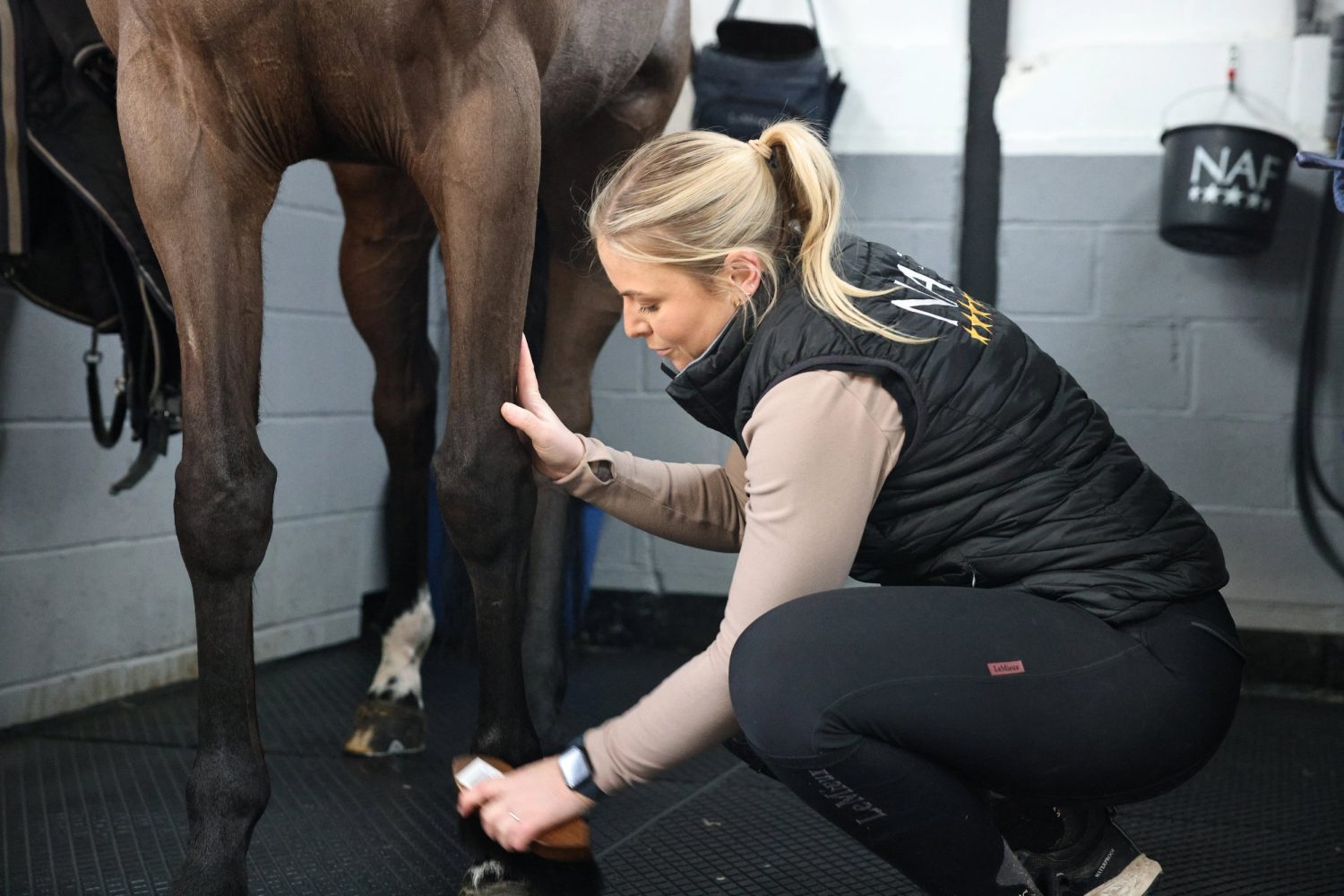 Frau bürstet Pferdebeine am Putzplatz